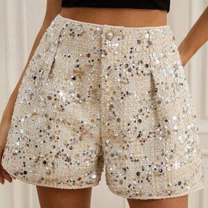 Beige Party Women's Tweed Sequin Shorts